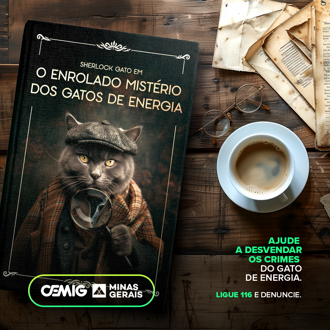 Imagem lúdica de um gato vestido de detetive